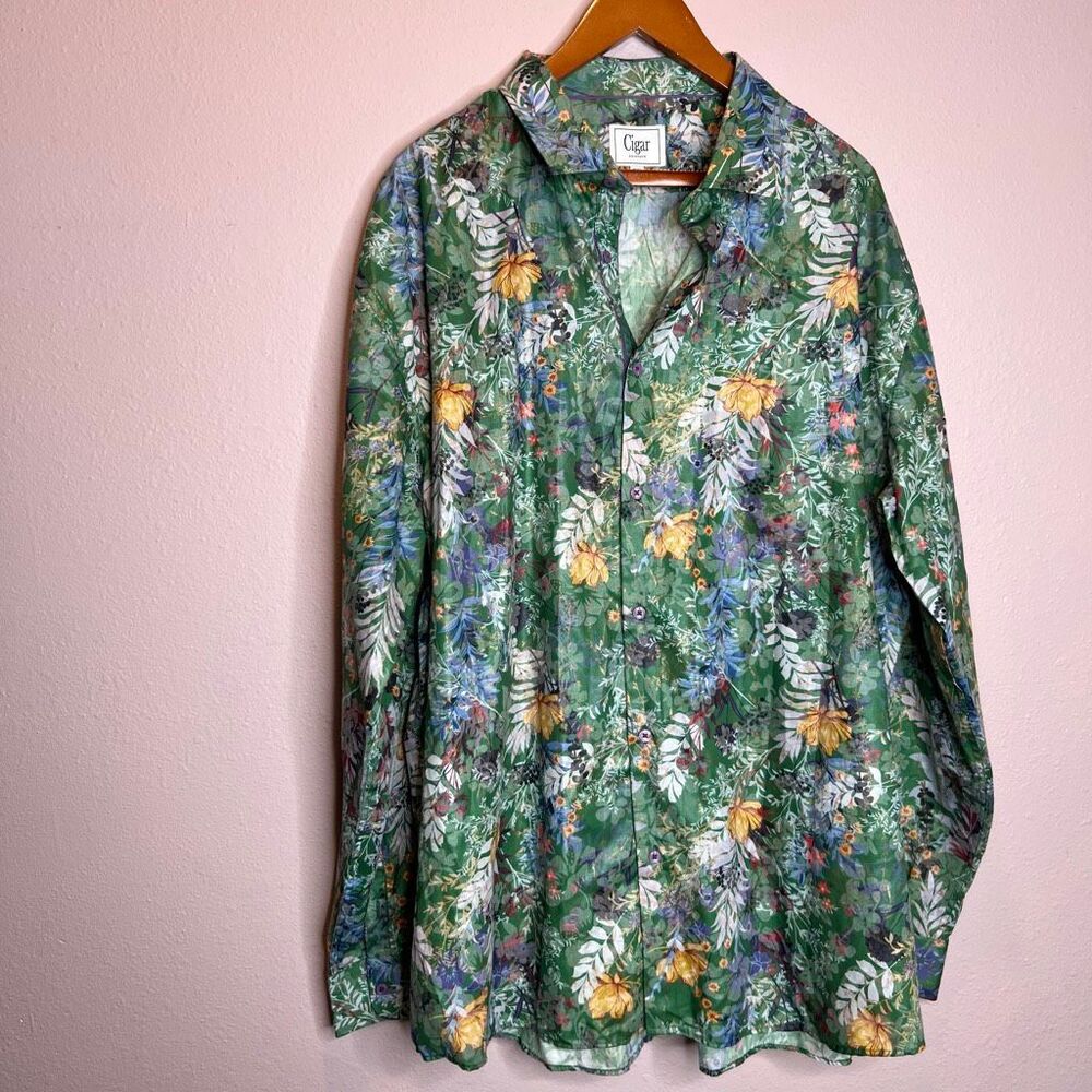 Cigar couture botanical print gold metallic print long sleeves button up